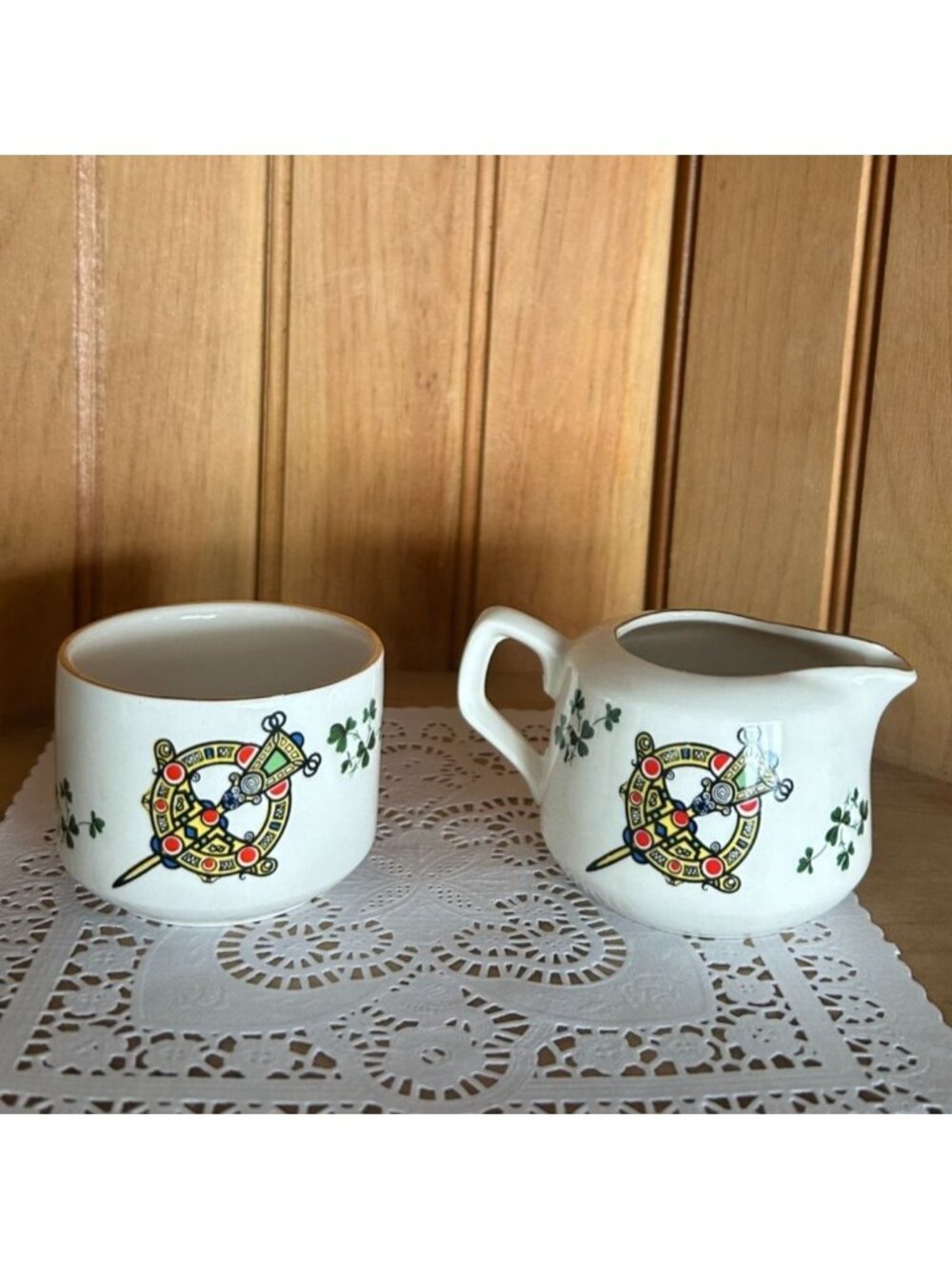 Vintage Carrigaline Pottery Cork Creamer Sugar Bowl Tara Brooch Celtic